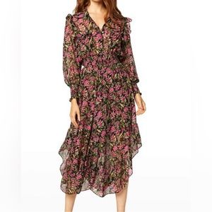 $425 MISA Los Angeles Katja Floral Chiffon Ruffle Flounce Midi Dress XS